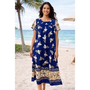 Vintage Hawaiian Victor Sports Blue Floral Midi Dress Retro Resort M/L